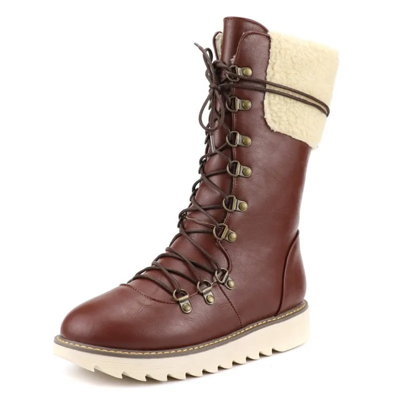 Коричневый PXELENA Women Mid Calf Boots Flat Platform Comfort Casual Shoes Lace Up Riding Knight Military Combat Biker Booties 34-43 - Цвет: Коричневый
