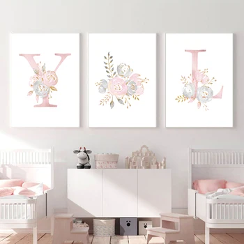

Baby Girl Pink Flowers Canvas Poster Nursery Wall Art Print Modern Letters Painting Wall Pictures Nordic Kid Bedroom Decoration
