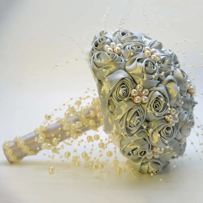 Красивые цветы из ленты цвета слоновой кости Потрясающие жемчужные бусинки свадебные букеты невесты ramo de novia BY53 - Цвет: Silver