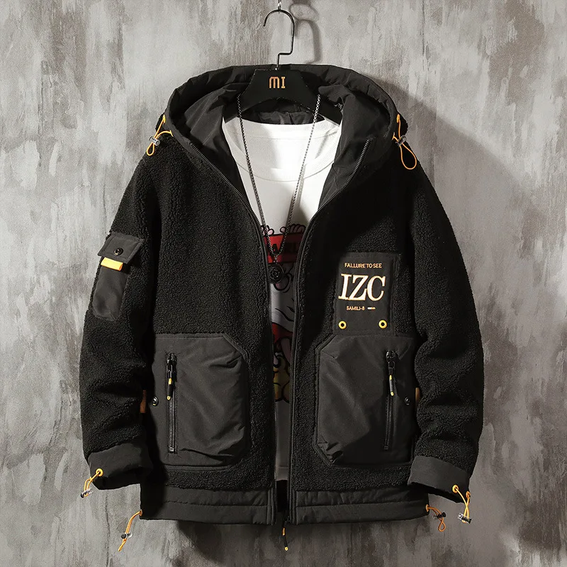

Autumn And Winter New Ins Trend Hooded Printing Men's Jacket Warm Thick High Quality Zipper Pocket Teddy Coat Lamb Coat Men