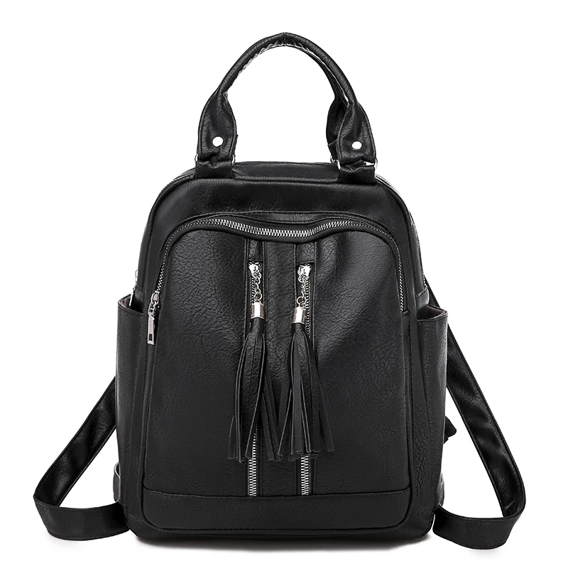 

Casual Women Backpack PU Leather Female Black Bagpacks Sturdy High Quality School Bag Multifunction With Tassel Elegant