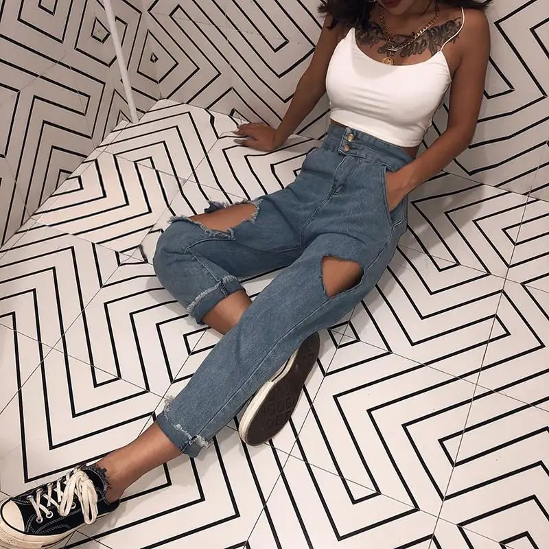 High Elastic Women Denim Pants Hole High Waist Skinny Stretch Jeans