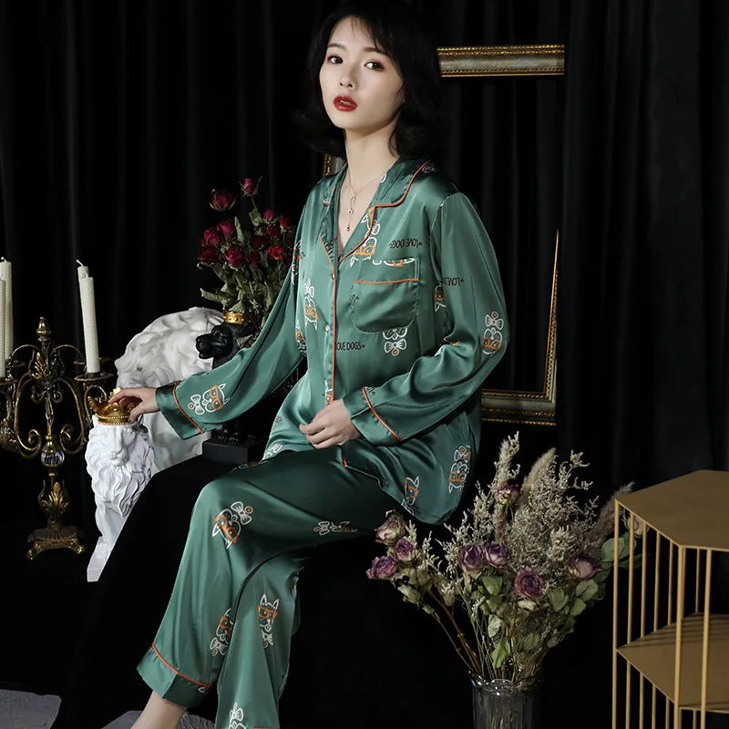 

2020 Pajamas Spring And Summer Artificial Silk Long Sleeve Trousers Set Fold-down Collar Women's Home Wear Imitated Silk Fabric