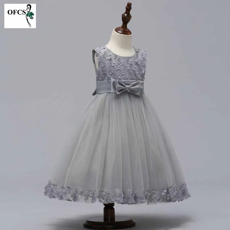 Новое кружевное платье принцессы Детское платье с цветочной вышивкой для девочек, винтажные Детские платья для свадебной вечеринки, торжественное бальное платье От 2 до 10 лет - Цвет: Gray