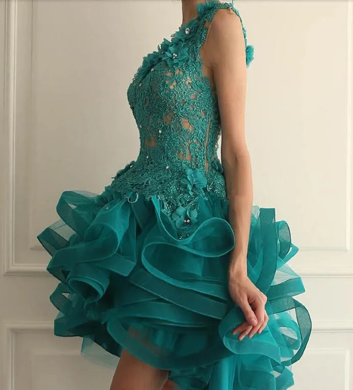 Green Cocktail Dresses Sheath Cap Sleeves Short Mini Hi Low Tulle Lace Pearls Party Homecoming Dresses Customized