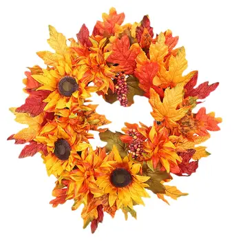 

1Pc Thanksgiving Emulation Wreath Maple Leaf Sunflower Garland Fall Decor Orange