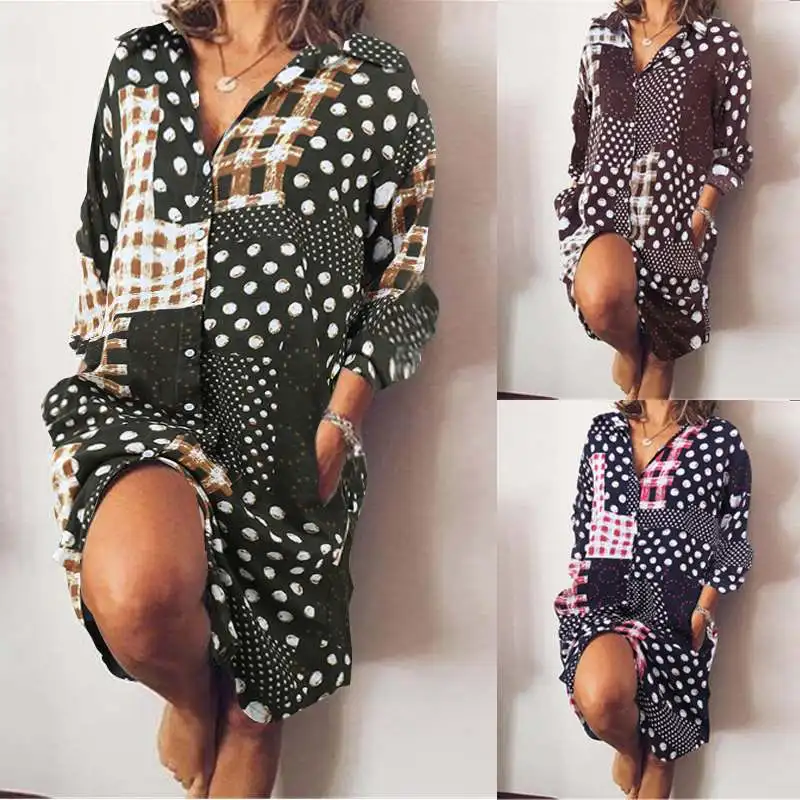 

ZANZEA Sexy Long Shirt Mini Dress Women Printed Short Vestidos Long Sleev Turn Down Collar Dresses Casual Pockets Robe Femme 5XL