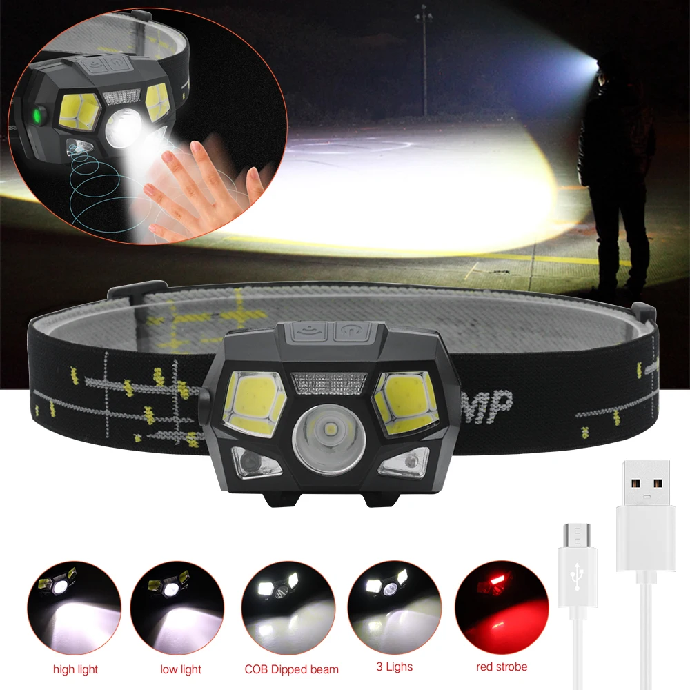 

12000 Lumen LED Headlamp Motion Sensor Ultra Bright Hard Hat Head Lamp Powerful Headlight USB Rechargeable Waterproof Flashlight