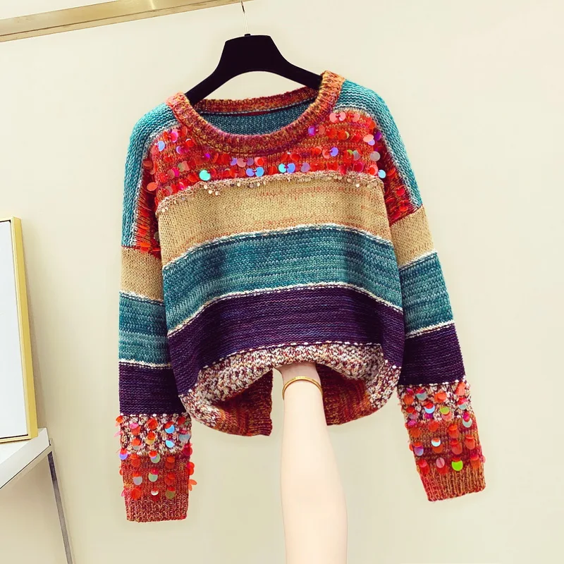 Women Sequined Sweater And Pullovers Beading Long Sleeved Korean Fashion Knit Sweater Rainbow Striped Loose Jumper Sueter Mujer