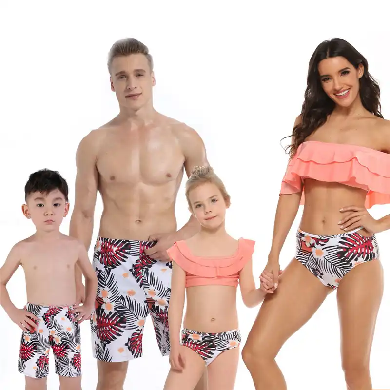 matching swim trunks and bikini