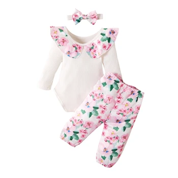 

Baby Girl Clothes Autumn WarmLong Sleeve Romper Top Floral Trousers Headband Outfits baby set