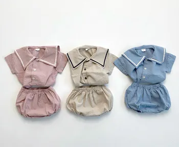 

3532 Lovely Girls Boys Clothing Set Baby Summer Cute Academy Short Sleeve Suit Baby Linen Shirt +Lantern Shorts 2 Piece Set