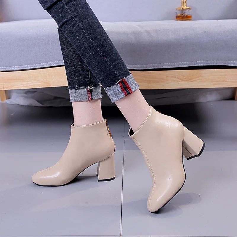 

2018 Autumn And Winter New Style Short Martin Boots Women's Europe And America Semi-high Heeled after Zipper WOMEN'S Shoes Warm