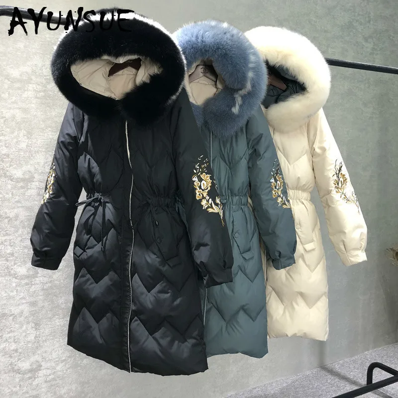 

AYUSNUE Women's Winter Down Jacket Long White Duck Down Coat Women Real Fox Fur Collar Puffer Jacket Casaco KTL-2067 YY1206