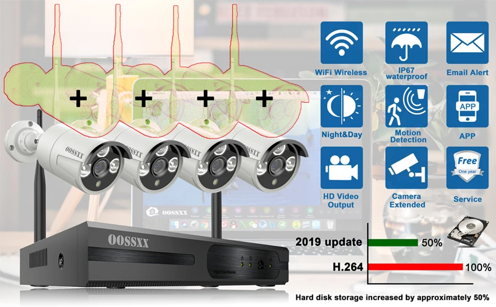 Беспроводная система охранной камеры, комплект NVR 8CH 1080 P, 4 шт 720P(1,0 м) наружная беспроводная ip-камера видеонаблюдения OOSSXX