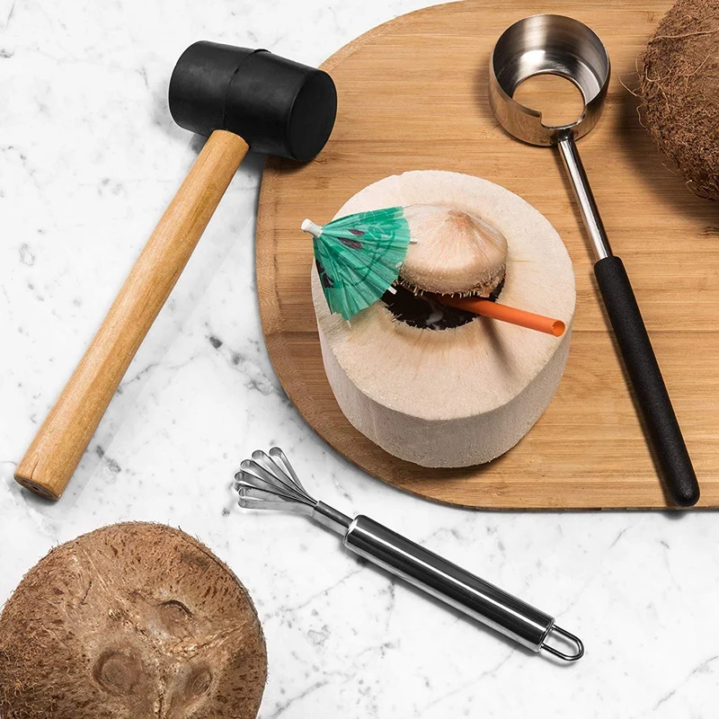 Coconut Opener Set For Young& Mature Coconuts By Coconut Tools For Meat Removal With Hammer& Stainless Steel Knife |Premium Ut