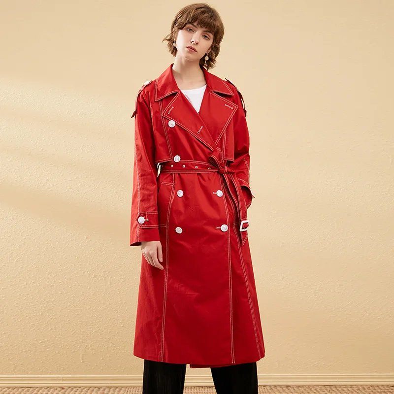

2019 autumn winter trench coat for women solid Turn-down Collar Double Breasted long belt new arrival windbreaker x3
