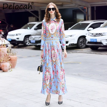 

Delocah 2020 Women Spring Summer Dress Runway Fashion Designer Long Sleeve Floral Printed Vintage Elegant Slim Pleated Dresses