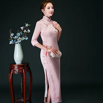 

S-4XL Autumn Pink 3/4 Sleeve Cheongsam Dresses Vintage Qipao Women Formal Party Long Dress Lace Flower Embroidery Qipao Oversize