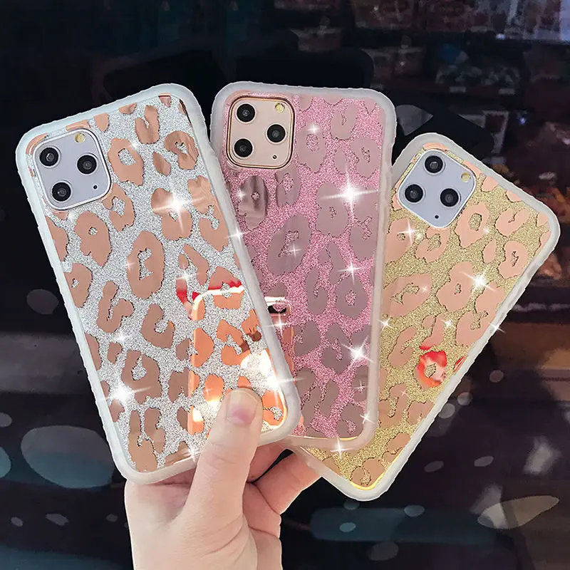 

Shining Mirror Leopard Print Phone Case For iPhone 11 Pro Max XR X XS Max 7 8 6 6S Plus Shockproof Soft Gold Glitter Back Cover