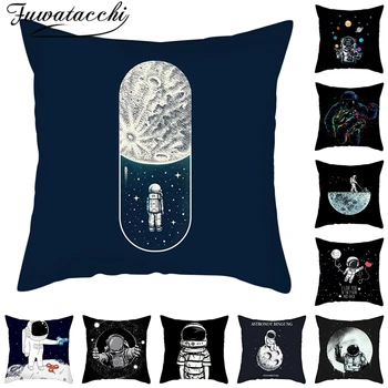 

Fuwatacchi Cartoon The Astronauts Cushion Cover Black Tone Printed Pillow Cover for Home Decorative Black Rocket Pillowcase