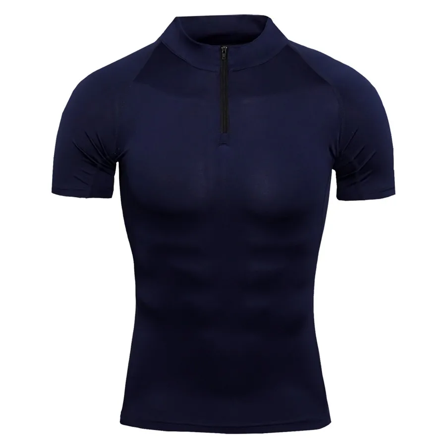 Zipper Neck Gym Sport Shirt Men Quick Dry Fitness Compression T-Shirts Slim Jogging Tees Tops Running Shirt Muscle Tee Rashgard - Цвет: Navy