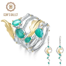 GEM'S балетные костюмы натуральный зеленый агат, натуральный камень серьги набор колец Настоящее 925 пробы серебро Винтаж ювелирные украшения для женщин вечерние