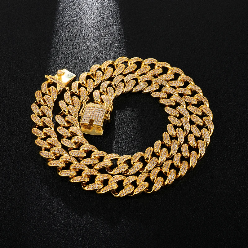 Gold Necklace Hip Hop 12MM Full Iced Out AAA Zirconia Copper CZ Cuban Link Chain Necklace For Men Rapper Jewelry Gold Silver Color - Окраска металла: Gold Necklace