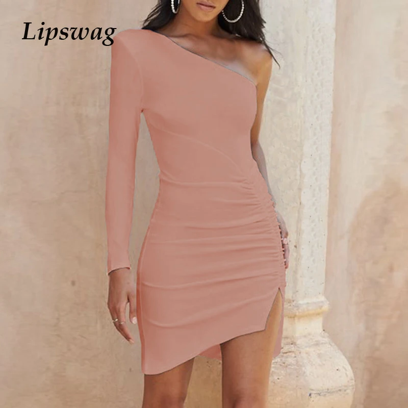 

Lipswag Women Sexy One Shoulder Slim Pleated Dress Autumn Slash Neck Irregular Mini Dress Ladies Long Sleeve Bodycon Party Dress