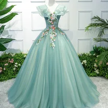 Синее Пышное Платье с бисером и цветочным узором, платье с жемчужинами и v-образным вырезом, милое 16 платье, Пышное Платье