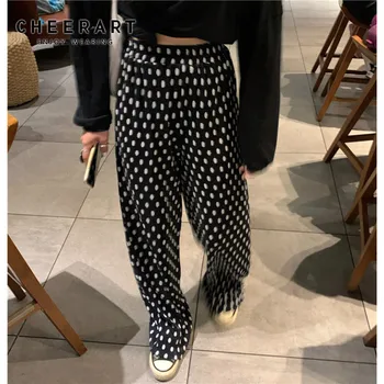 

CHEERART Polka Dot Summer Ribbed Pants Women Trousers Black Loose High Waist Wide Leg Pants Korean Streetwear