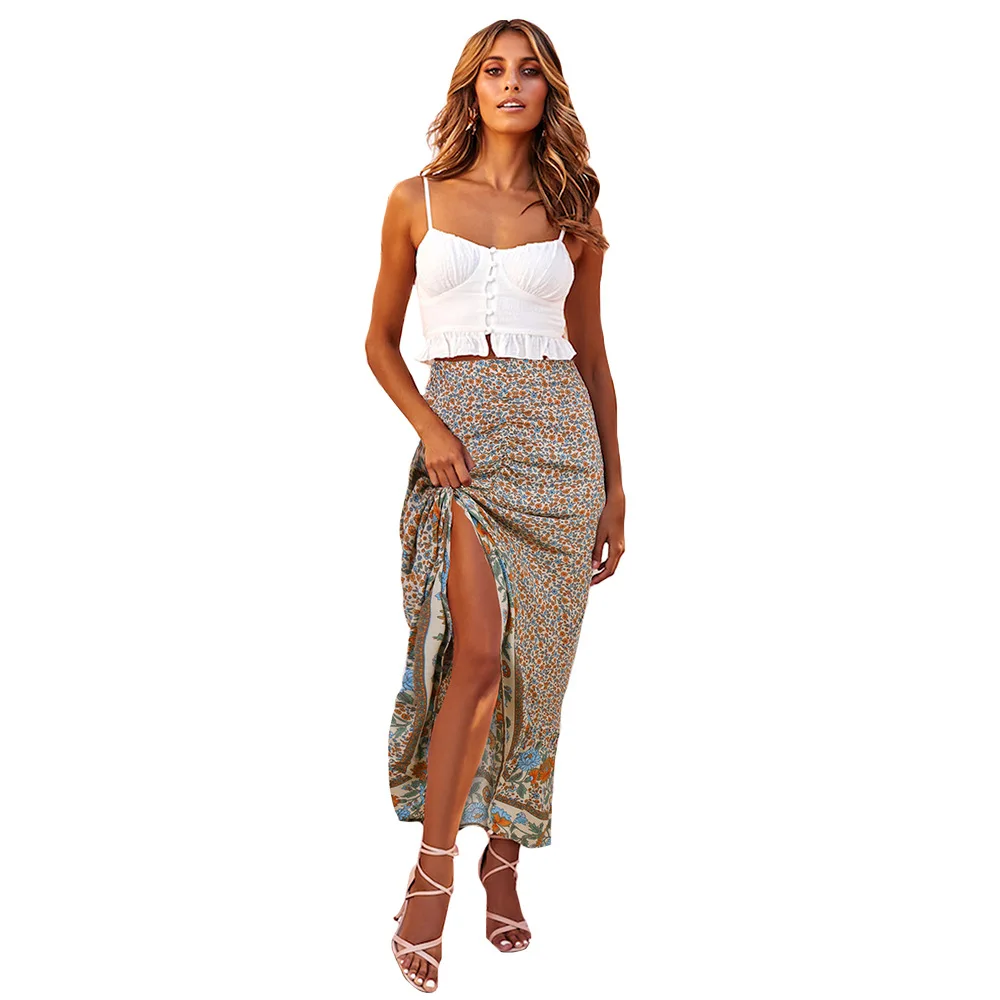 

Femme Mujer Long Skirts Women's Bohemian Printing Skirt Floral Irregular Ruffle Bodycon Skirt Faldas Summer Holiday Maxi Skirts