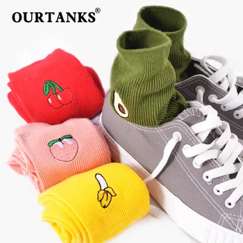 

OUR TANKS 2020 Pure Cotton Socks Female Korean Version Retro Funny Women Socks Embroidery Fruit Cool Socks