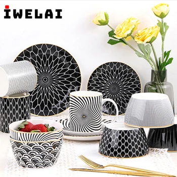 

IWELAI Tableware Phnom Penh Geometry Tableware 6/8/10 Inch Ceramic Dinner Plate Dish Porcelain Dessert Plate Cake Plate