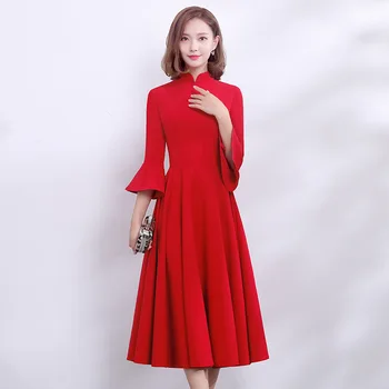 

Chinese Red Elegant Women Cheongsam Asian Bride Wedding Evening Party Dresses Mandarin Collar Qipao Slim Clothes Sexy Gowns