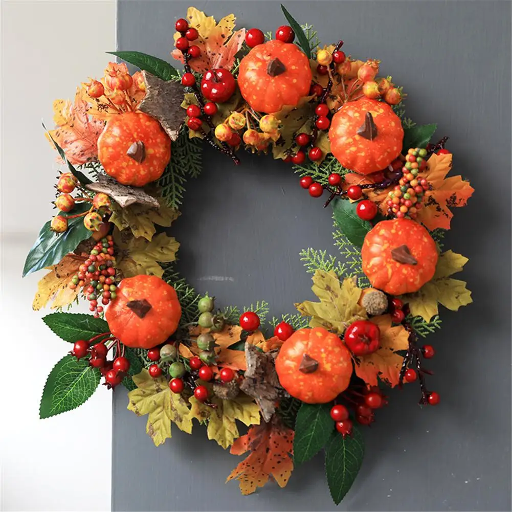 

55cm Halloween Wreath Autumn Maple Pumpkin Pine Cone Red Berries Door Decoration Wreath Thanksgiving Autumn Wreath