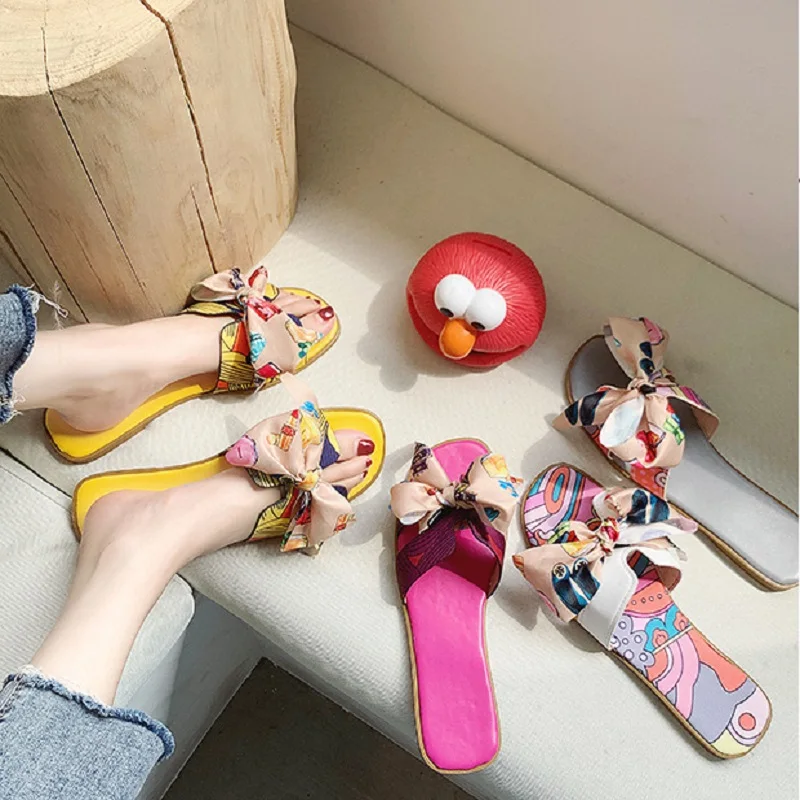 My-Love Women Cartoon slippers Butterfly-knot Open Toed Flat Slides Soft bottom Shoes bright diamond Korean fashion Lady slipper