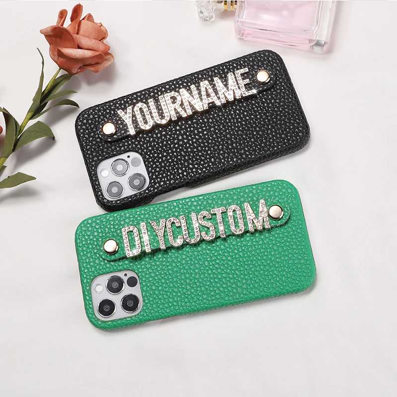 Luxury Custom Initial Name Pebble Leather Phone Case For iPhone 11 12 13 Pro Mini Max XR XS 7 8Plus Diamond Metal Letters Cover Luxury Custom Initial Name Pebble Leather Phone Case For iPhone 11 12 13 Pro Mini Max XR XS 7 8Plus Diamond Metal Letters Cover