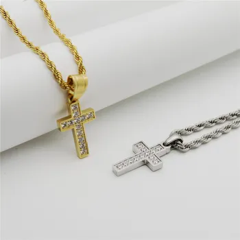 

Simple Female Iced Out CZ Small Cross Pendant Necklace For Women Gold Color Stainless Steel Christian Jewelry Mother's Day Gift