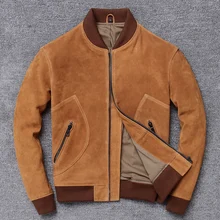 Заводская Новинка, Мужская винтажная желтая замшевая куртка из воловьей кожи, Мужская летная куртка из натуральной воловьей кожи, приталенные куртки M-XXXXL