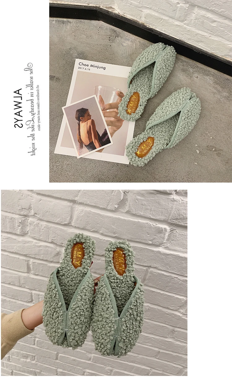 Wool roll slippers korean flats close toe winter woman fur slides brief solid casual lazy flip flops female furry loafers plush