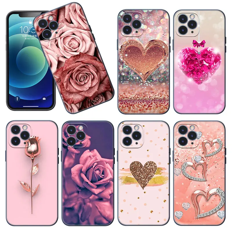 Custodia Per Telefono Love Rose Gold Style Per Apple Iphone 12 13 Mini 11 Pro Max Xr X Xs Max 8 7 6S 6 Plus Se 5S 5 2020 Cover Nera Morbida