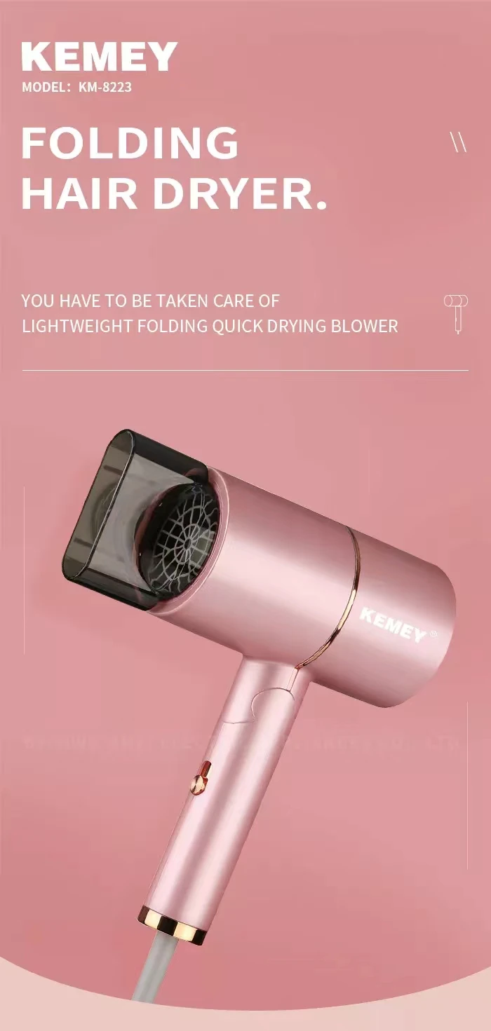 Secador de Cabelo Cuidados com o Cabelo Kemei Profissional Negativo Mais Suave Secagem Rápida Dobrável Portátil Rosa Casa Viagem Salão Beleza Íon 7 Kemei secador de cabelo profissional íon negativo