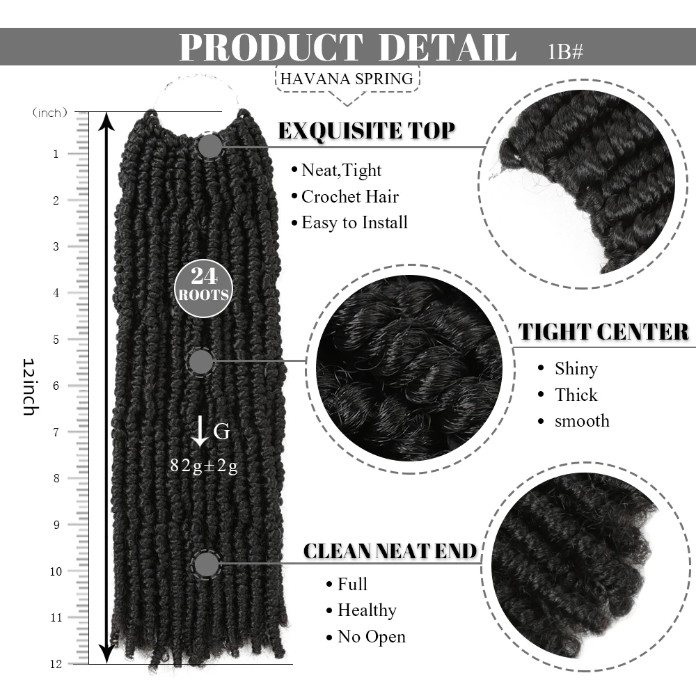 14inch Havana Spring Twist Crochet Hair Extensions Synthetic Crochet Braiding Hair With Curly Ends Black 24Strands Hair Expo