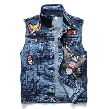 

Fashion Eagle Patch Punk Denim Vest Mens Skull Motorcycle Biker Sleeveless Jacket With Fashion Multi Badge Embroidery Patch