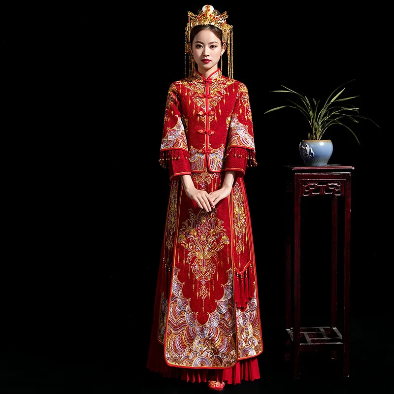 

Chinese High-Quality Embroidery Phoenix Women Bride Wedding Dress Satin Vintage Cheongsam Oriental Classic Tang Suit Vestidos