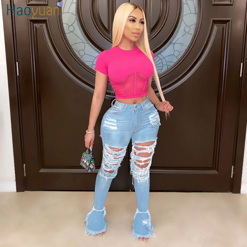 HAOYUAN Sexy Ripped Jeans for Women 2020 Summer High Waist Bell Bottom Jeans Skinny Trousers Vintage Stretch Flare Denim Pants HAOYUAN Sexy Ripped Jeans for Women 2020 Summer High Waist Bell Bottom Jeans Skinny Trousers Vintage Stretch Flare Denim Pants