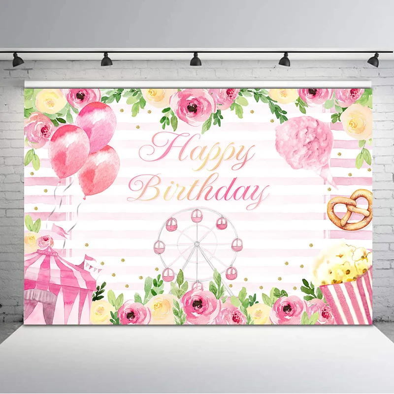 

Cookies Happy Birthday Backdrop Pink Watercolor Flowers Balloon Ferris Wheel Photo Background Dessert Table Decorations Banner