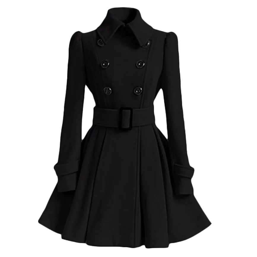 Шерстяное Женское пальто, зимнее пальто, двубортное с поясом, тонкая куртка, женская модная черная Повседневная Верхняя одежда, винтажное пальто - Цвет: Black