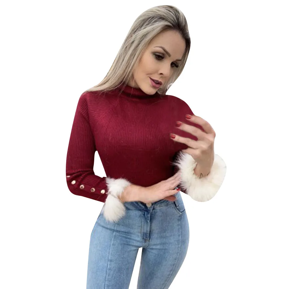 Sweater Women Solid Color High Collar Button Plush Side Long Sleeve Soft Brief Jumpers for Casual women clothes | Женская одежда